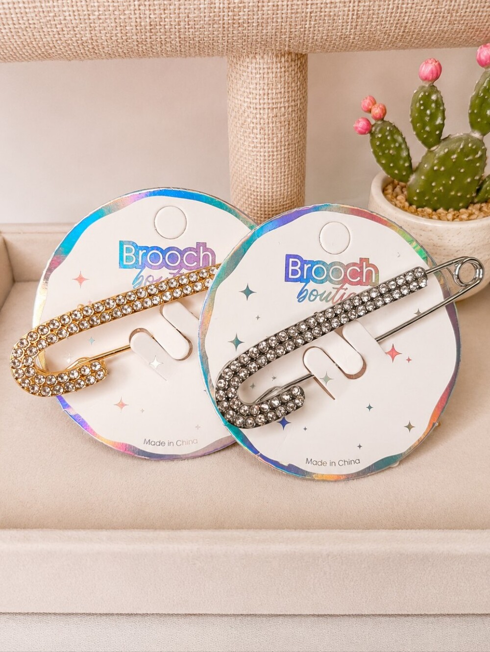 Women's 2PC Sparkly Rhinestone Safety Pin Brooch Set – Gold & Silver
